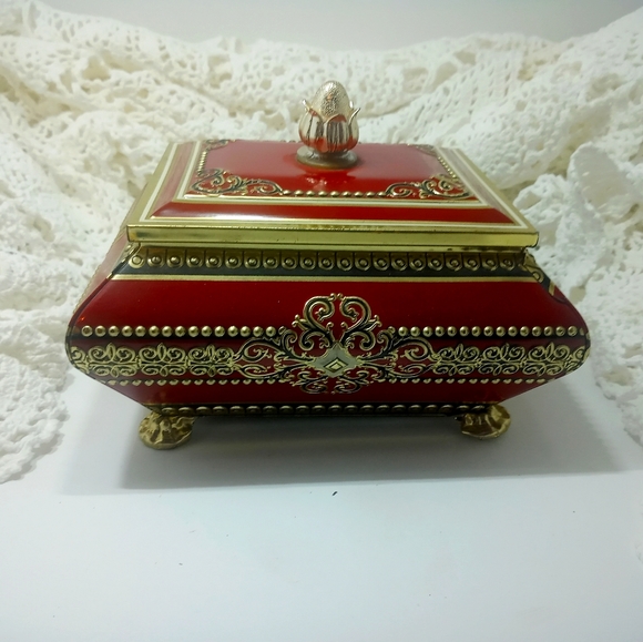Vintage Red Gold Footed Fancy Finial Tin